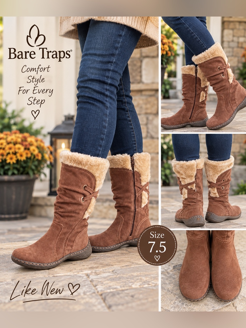 Bare Traps Eventure w/Stay Dry System Winter Boots Brown Faux Fur Size 7.5